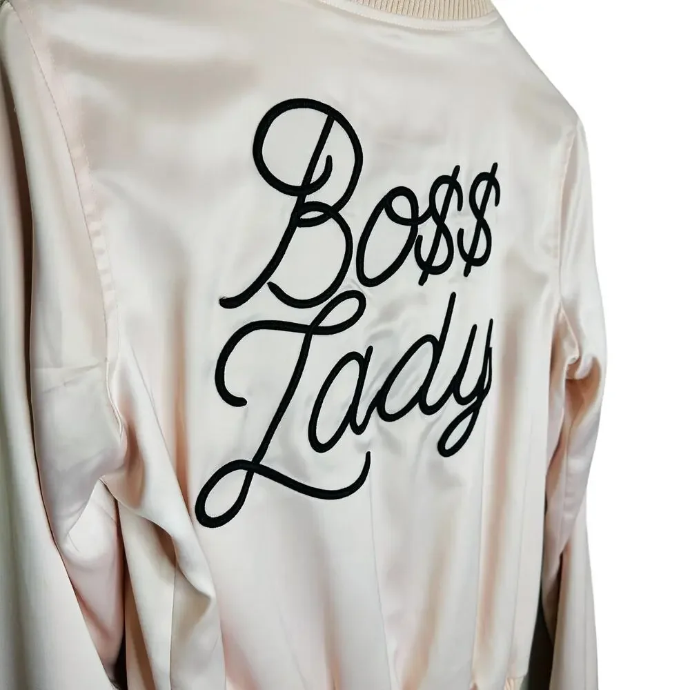 Mistress Rocks Boss Lady Pink Satin Bomber Jacket Size Small - Picture 12 of 14
